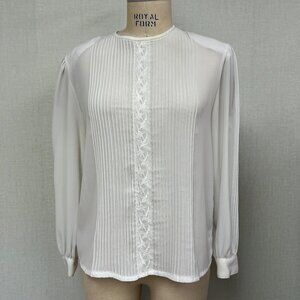 EUC Vintage 80s Back Button Pintucked Embroidered Sheer Cream Blouse 11 12 Large